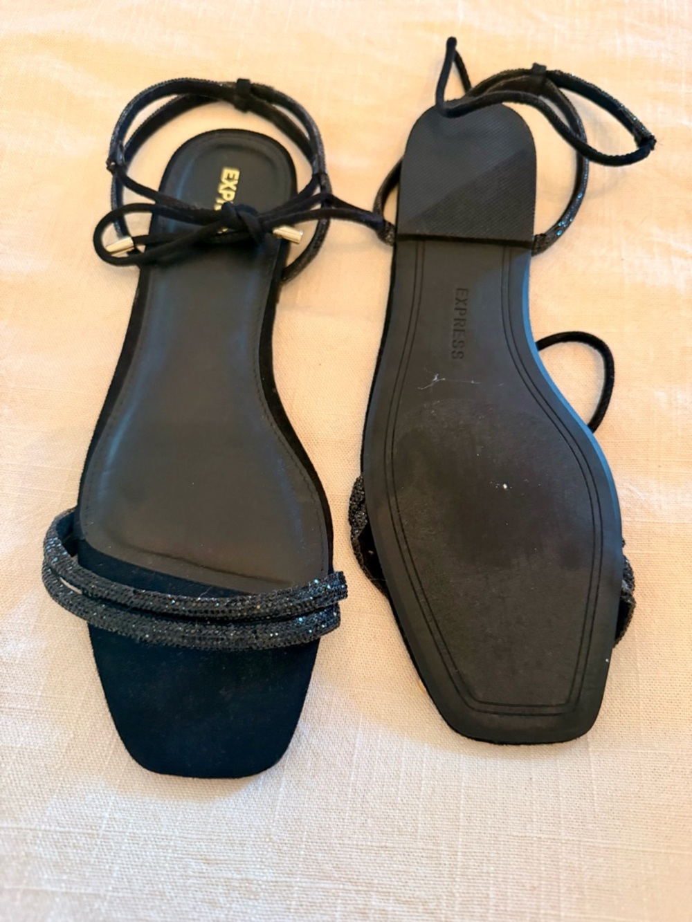 Express Black Glitter Strappy Ankle-Tie Sandals